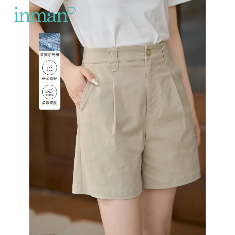 INMAN Women Casual Shorts 2023 Summer Mid High Waist Straight Loose A-shaped Pants Embroidered Wide Leg Light Khaki Trousers