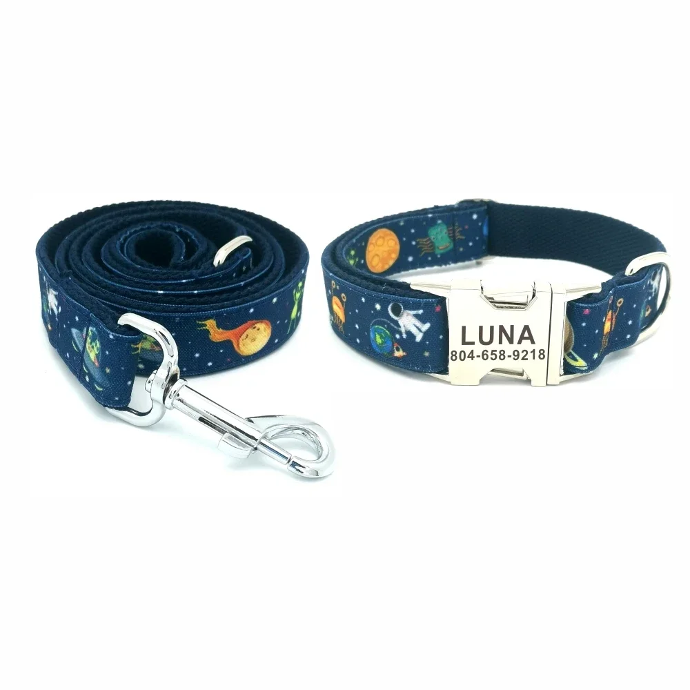 Personalized Space Monster Pet Collar Durable Puppy Name ID Tag Adjustable Rocket Planet Alien Basic Dog Collar Leash Dog Collar Pet Harness Leash Set Pet Harness Set Pet Leash Set