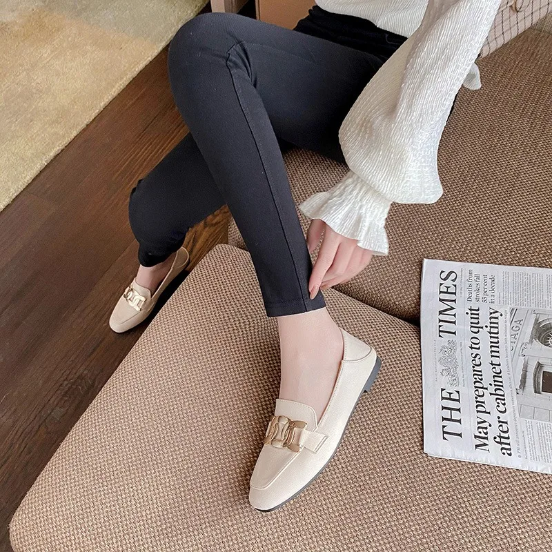 2024 Fetish Women Retro Designer Soft Leather Soft Summer Flats Simple Female Loafers Square Toe Lady Metal Outside Black Shoes 2