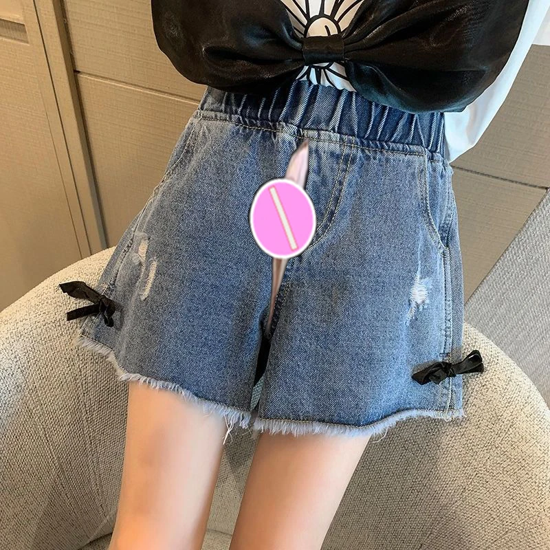 Girls' Denim Shorts Summer New Medium and Large Children Open-Seat Pants Korean Style Ripped Fashion Pants Children Casual Pants