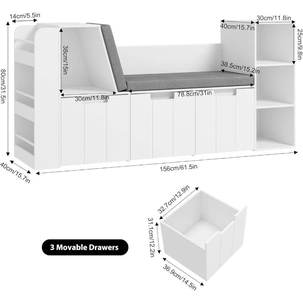 61.5" Kids Reading Nook with 3-Layer Bookshelf, Reading Nook for Kids with Double Bench and Rolling Drawers, Kids Bookshelf 2