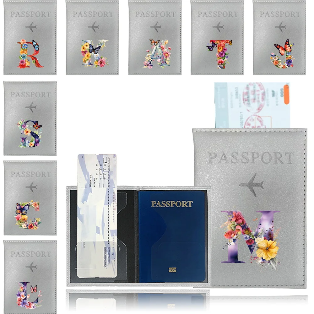 

Silver Color PU Passport Holder Ticket Passport Covers Butterfly Letter Series Cover ID Credit Card Holder Travel Accessories