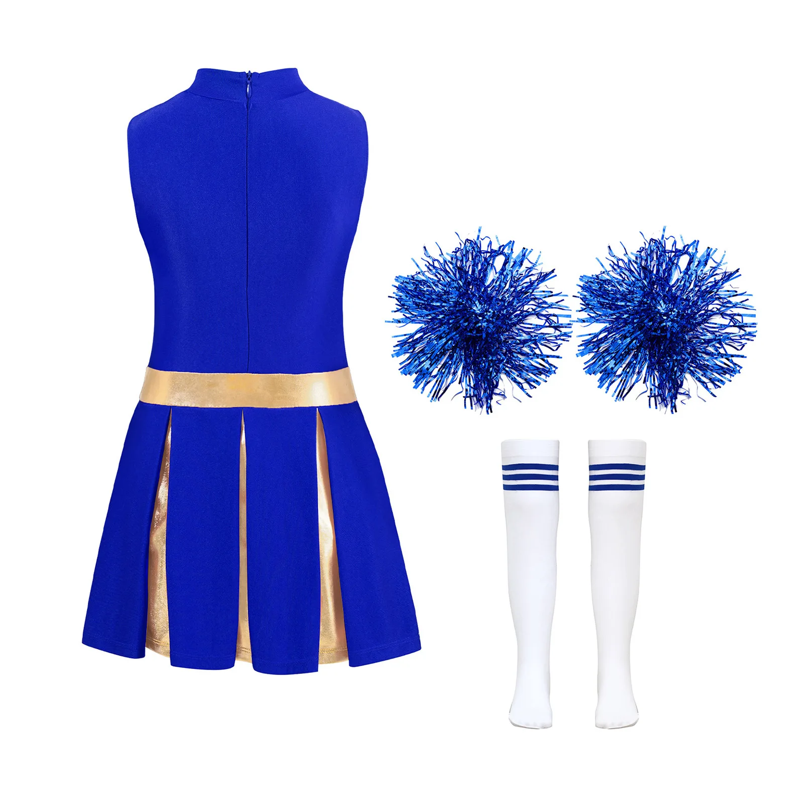 Kinder Mädchen Cheerleader Kostüm Cheerleading Uniform Brief Drucken Plissee Cheer Trikot Kleid mit 2 Stück Blumenkugeln 1 Paar Socken – Detail 4