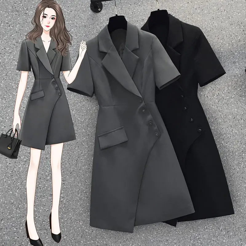 Short Sleeve Suit Dress for Women Tops Office Lady Dresses Long Windbreaker Coat Jackets Trench Oversized Outerwear Overcoat