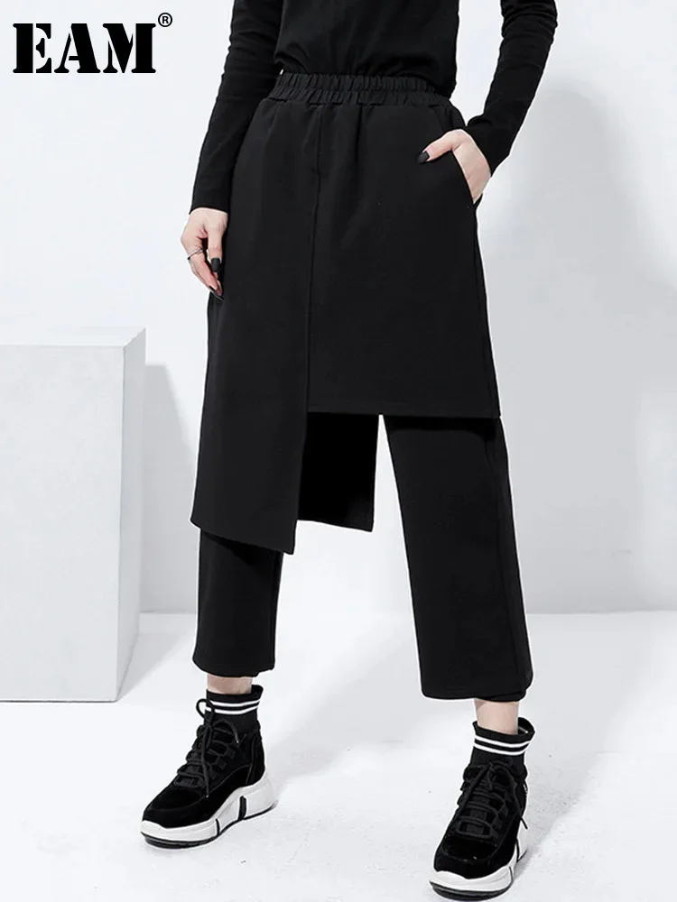 

Женские Асимметричные шаровары EAM, черные свободные брюки с высокой эластичной талией, весна-осень 2024