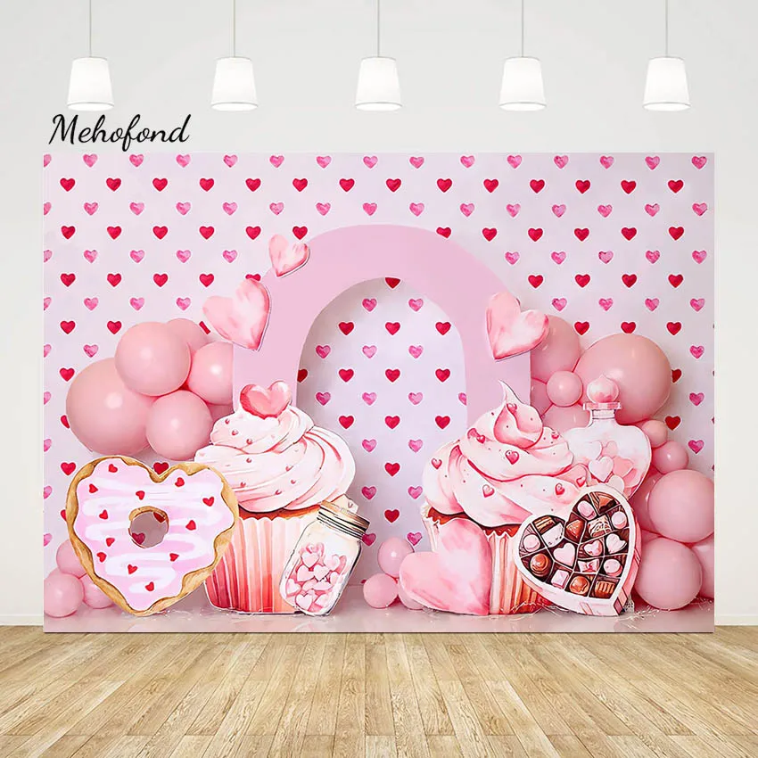 

Mehofond Valentine's Day Decoration Photo Backdrops Adult Engagement Cupcakes Hearts Chocolates Balloon Photography Background