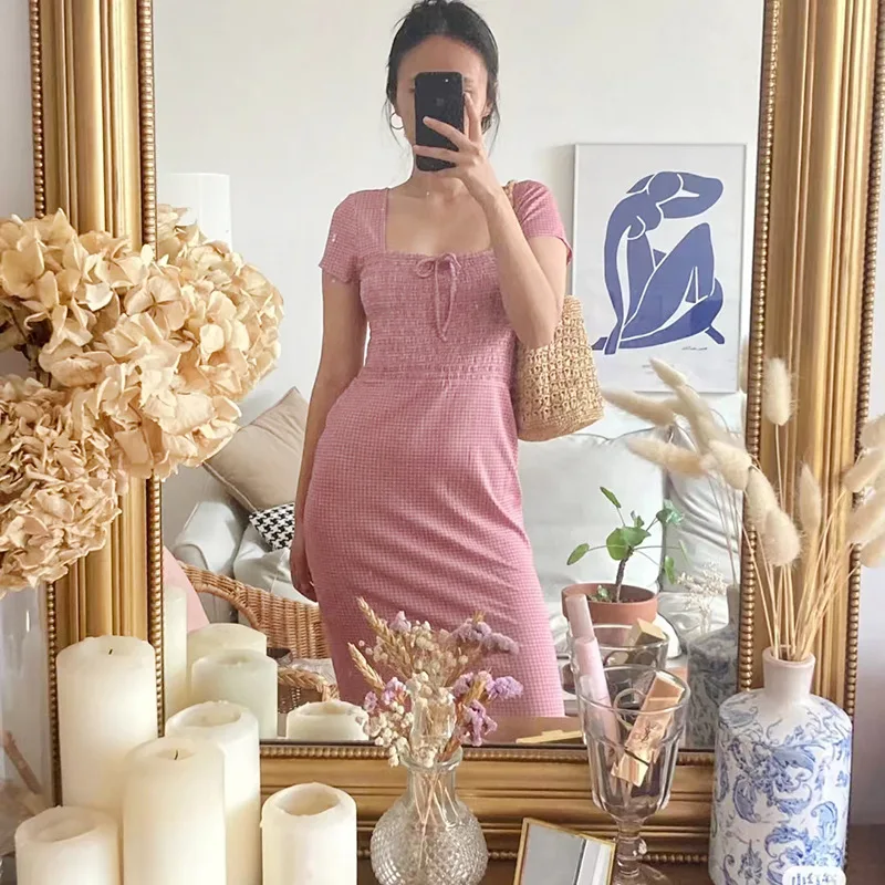 

2023 Summer New Square Collar Pink Plaid Print Short-sleeved Dress
