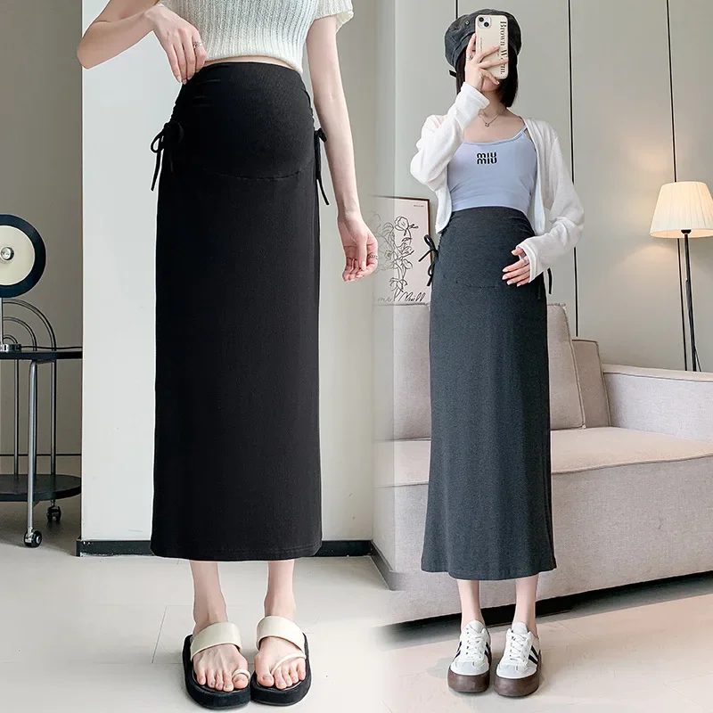 Maternity High Waist Straight Cut Thin Knitted Half Skirt with Drawstring for Summer Fashion Slimming Belly Bump Design
