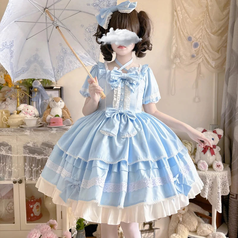 Kawaii Cute Girly Dresses Kawaii Soft Girl Style Pink Blue Lolita Dress  Pink Blue L