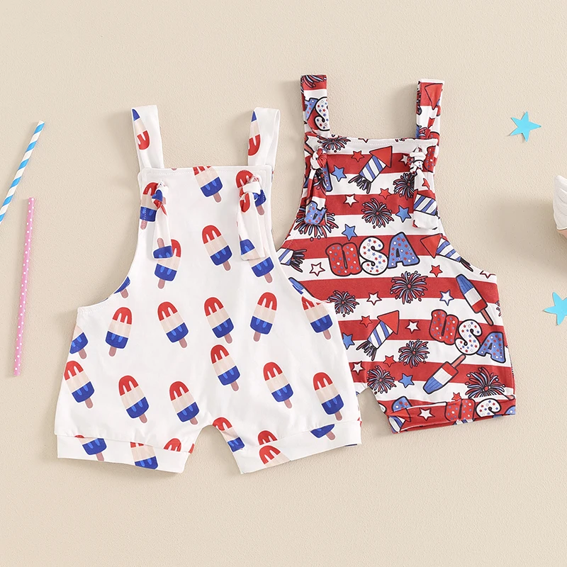 

Mubineo 4th of July Toddler Rompers Overalls Baby Girls Boys Ice Cream Stripe Stars Letter Print Sleeveless Bodysuits