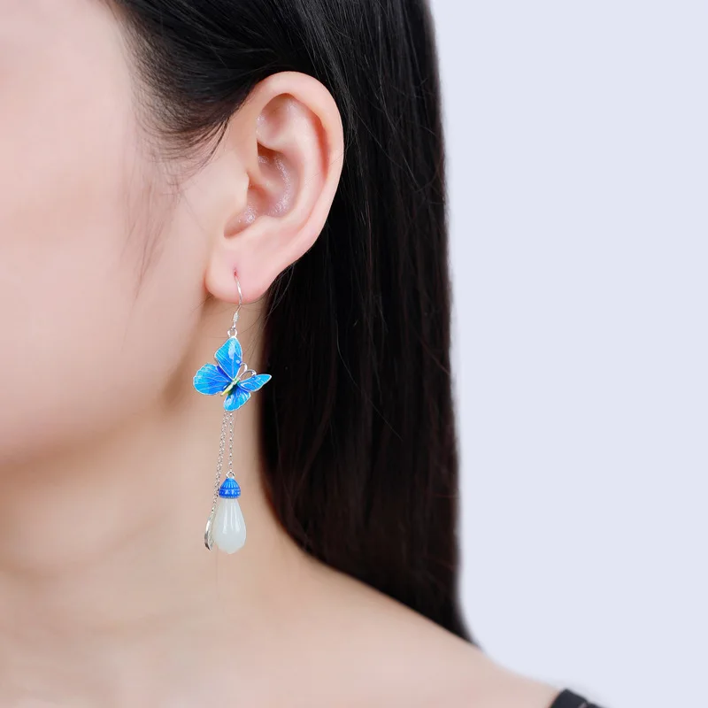 S925 Silver Burning Blue Earrings  Thai Silver Vintage Fashion Cloisonne Goldfish Pearl  Women  Earrings