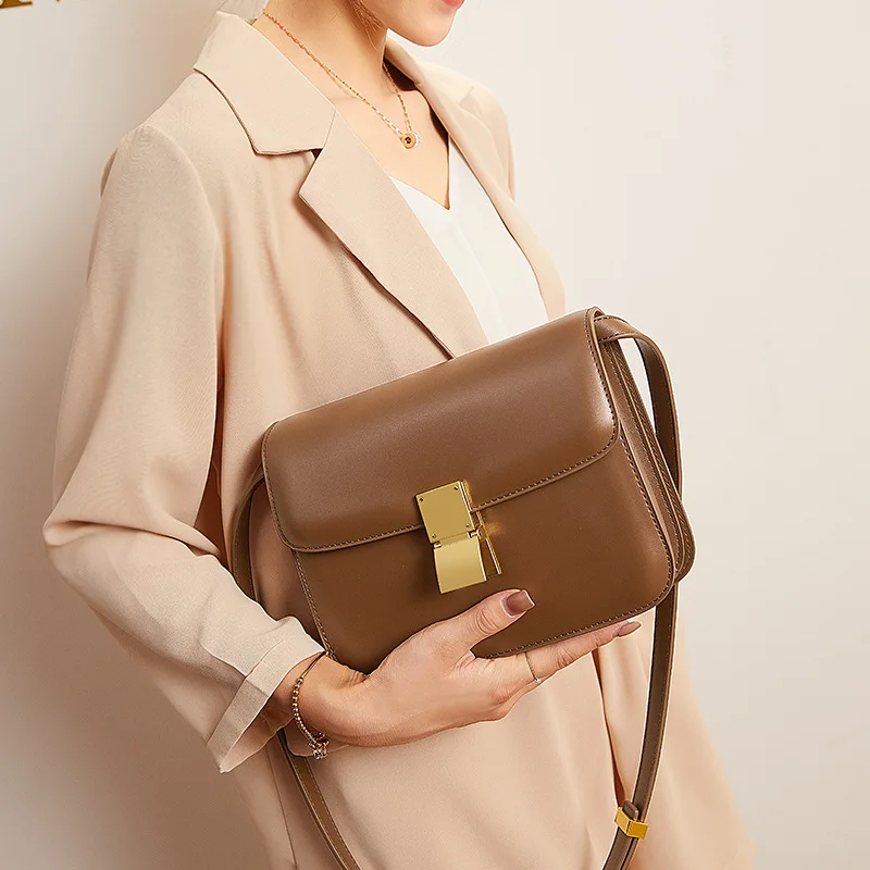 Composite cowhide Women bag bean curd box handbag retro new fashion square purse crossbody shoulder bag 01-GN-ssxfdf
