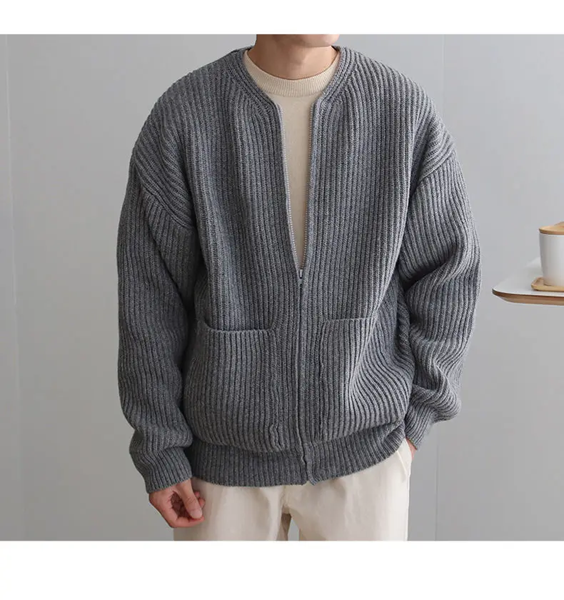 Autumn Winter Fashion Casual Men's Loose Tess Cool Boys Knitted Sweater Cardigan Coat Solid Patchwork Stripes Warm Zipper Coat