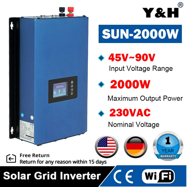 2000W MPPT Solar Grid Tie Inverter Power Limiter DC45-90V to AC220V 50/60HZ  Auto