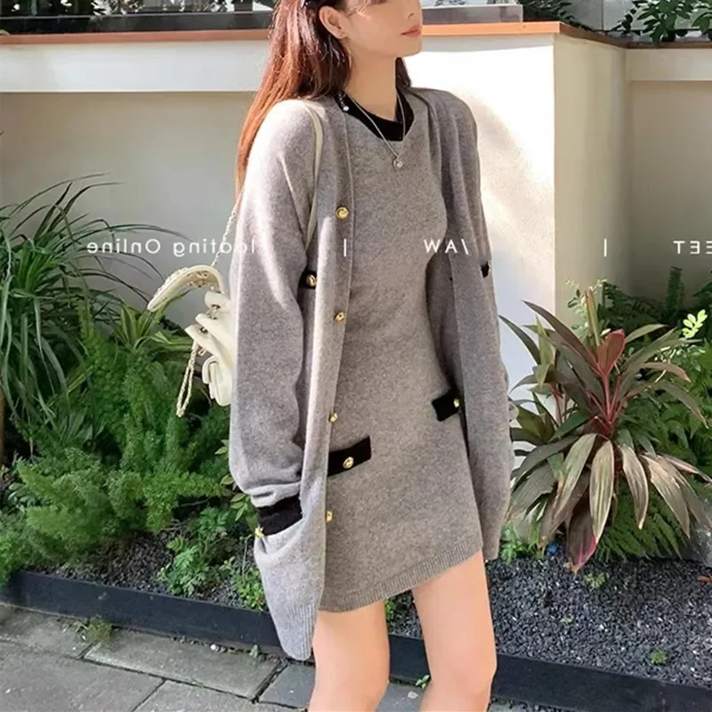 

Two Piece Set Women Knit Outfits Autumn Winter Knitted Sweater Cardigan Vest Dress Suits Elegant Casual Loose Office Lady 2024