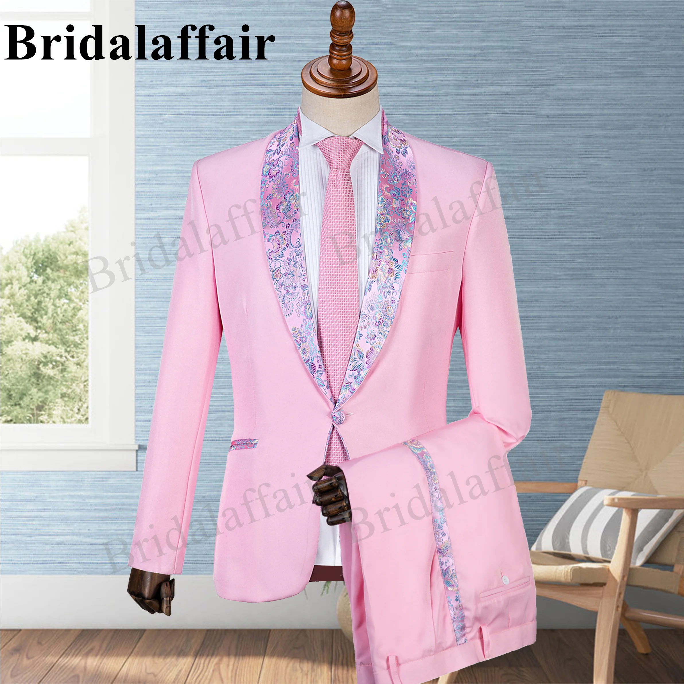 Bridalaffair Mens Pink Suits Wedding Suits Tuxedo for Men 2pcs Blazer Coat Pant Set Slim Fit Printed Shawl Lapel Costume Homme