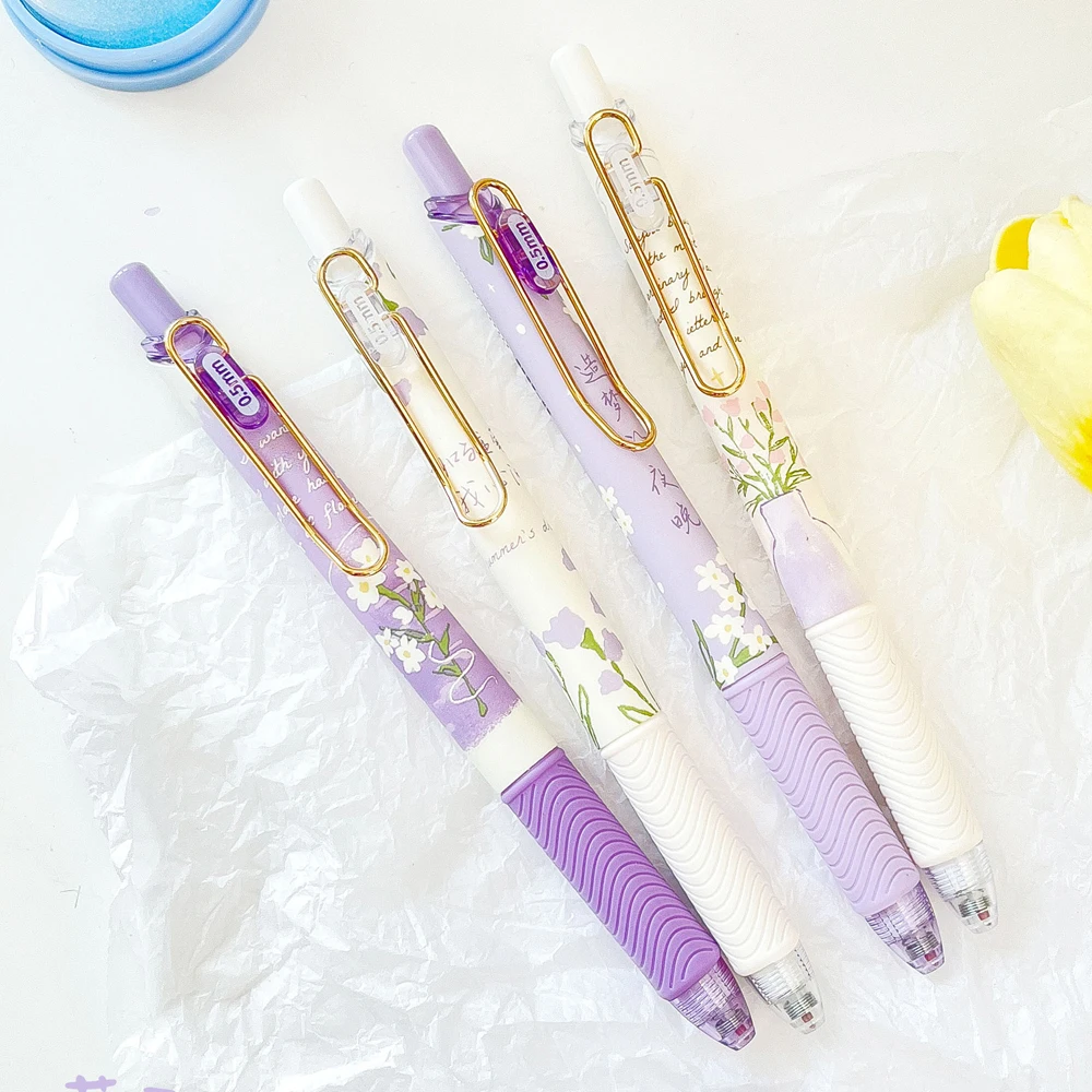 4 Pcs/Set Cute Daisy Flower Gel Pen Quick-Drying Retractable 0.5mm Black Ink Pens Writing Stationery Student School Office