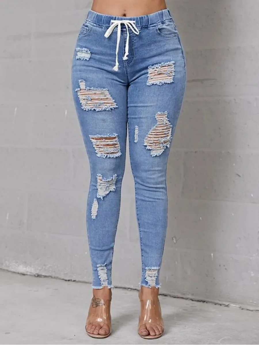 

LW Women Stretch Ripped Jeans High Stretchy Distressed Ripped Raw Edges Hem Jeans casual Long Jeans Ladies Trousers