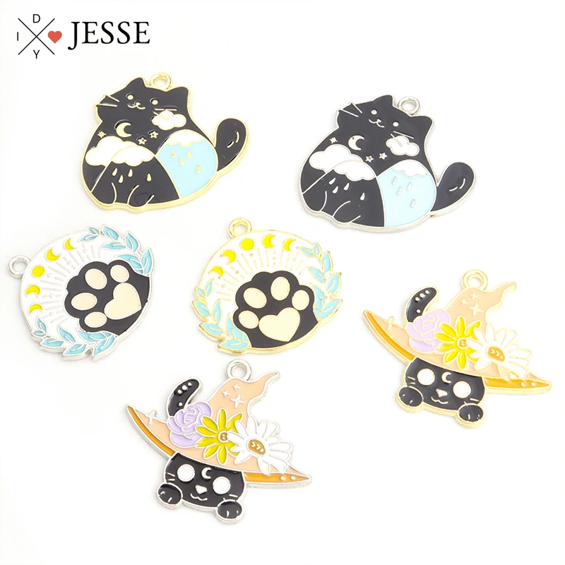 

10pcs Cute Magic Kitten Enamel Charms Cartoon Moon Star Cat Paw Oil Drip Pendants For Jewelry DIY Necklace Keychains Accessories