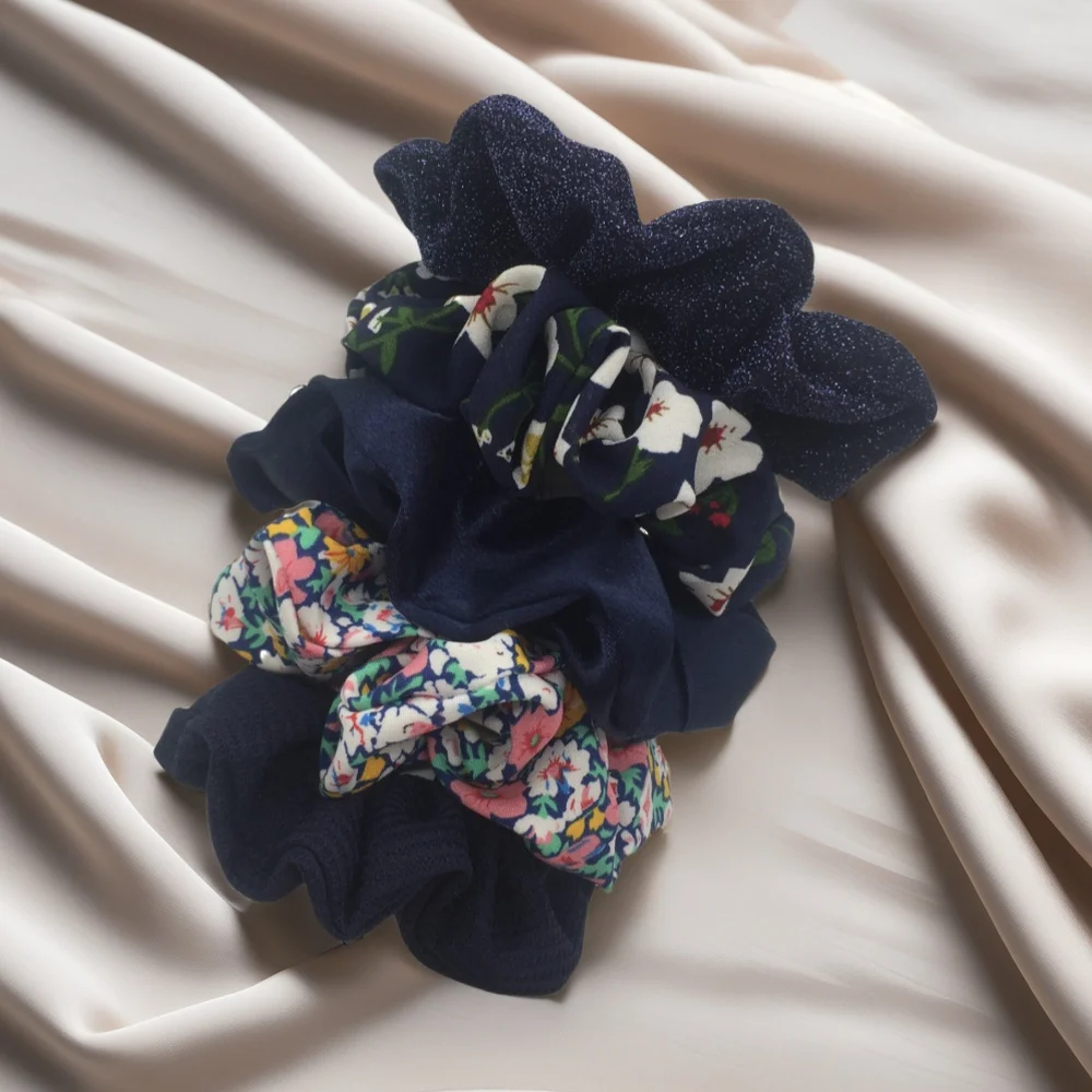 Floral & Leopard Print Hair Scrunchies Set - Pack of 5, No-Crease Elastic Ponytail Holders in Pink & Purple