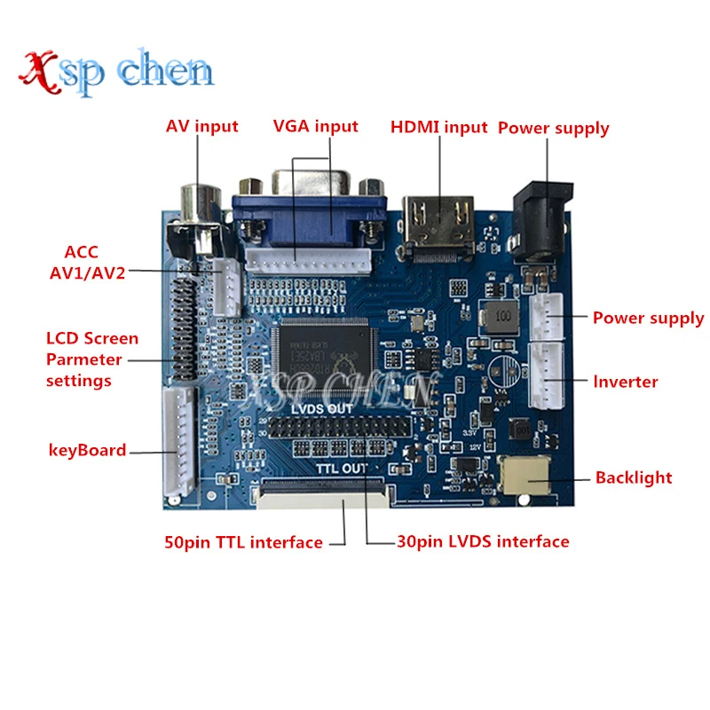 LCD displej TTL LVDS regulátor nasednout HDMI VGA 2AV 50PIN pro AT070TN90 92 94 podpora automaticky