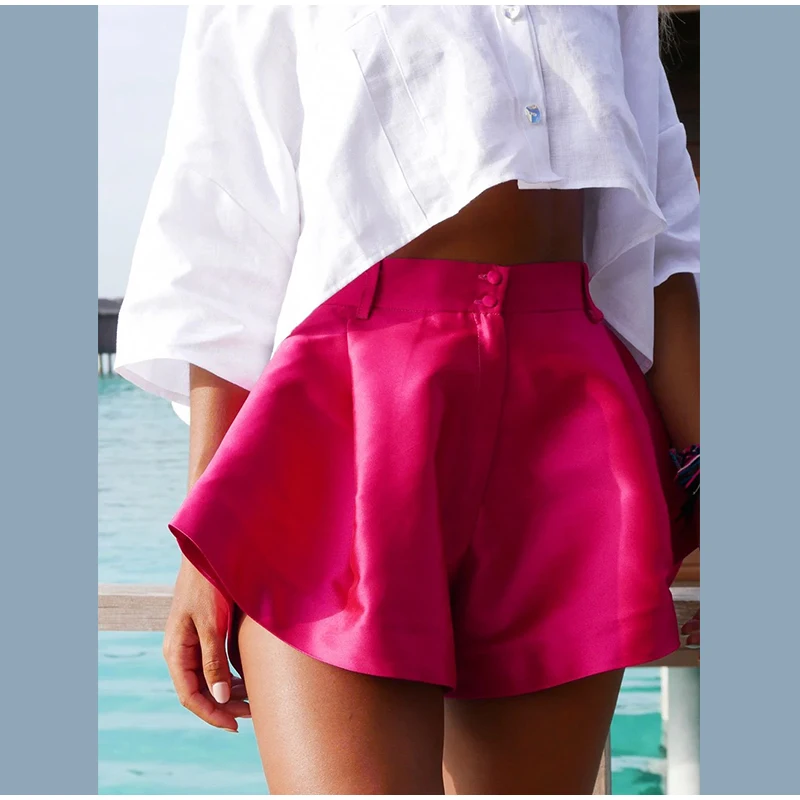 Pantalones cortos de satén de moda para mujer, cintura alta, holgados, corte A, para mujer, verano 2025, elegantes, de calle, con cremallera.