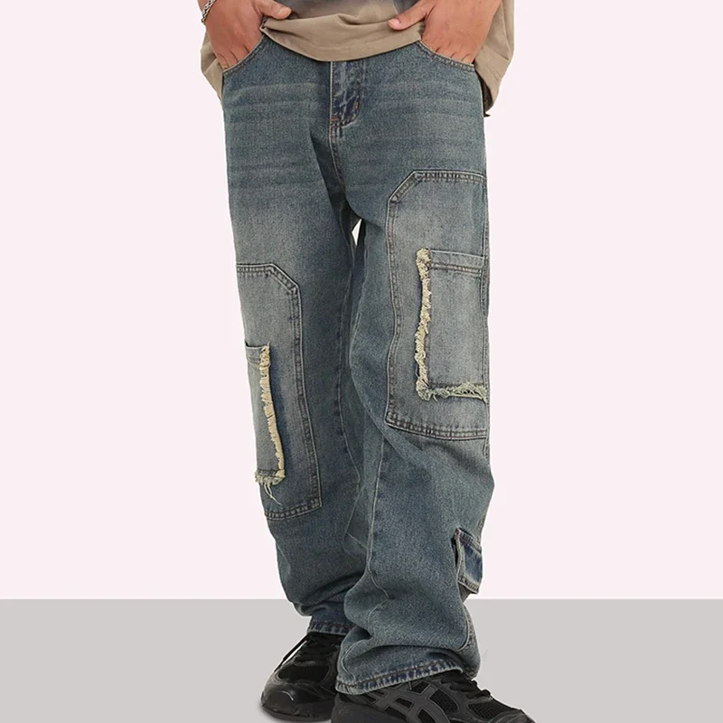 

Men's Y2K Vintage Washable Plush Edge Multi Pocket Straight Tube Jeans, Small Style Design, Loose Relaxed Pants