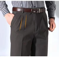 High Waist Double Pleated Straight Mens Pants 100% Cotton Autumn Winter Casual Pants Black Yellow Khaki Trousers for Male 2025