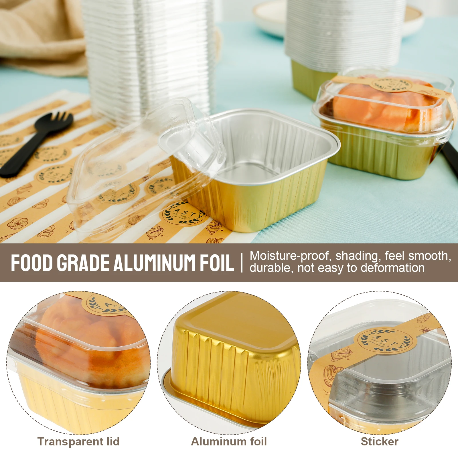 Cake Baking Pans 50Pcs Aluminum Foil Cupcake Reusable Round Tin Cup Pudding Cake Mold with Lid