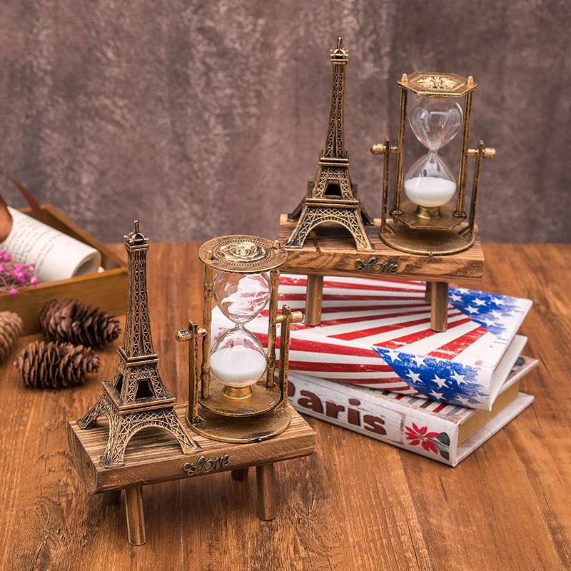 

Creative Gift Vintage Iron Tower Hourglass Decoration Simple Modern Home Study Wooden Seat Hourglass Decoration Supplies
