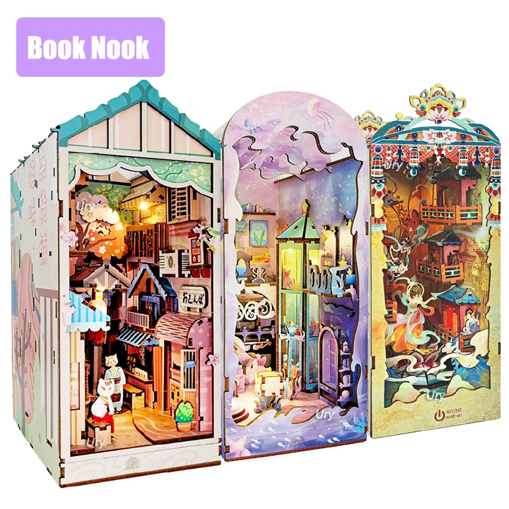 

Ury 3D Wooden Puzzle LED Book Nook Shelf Insert Kit Dream Ocean Cat Chinoiserie Miniature Fairy Tale Town Toys Girls Xmas Gift