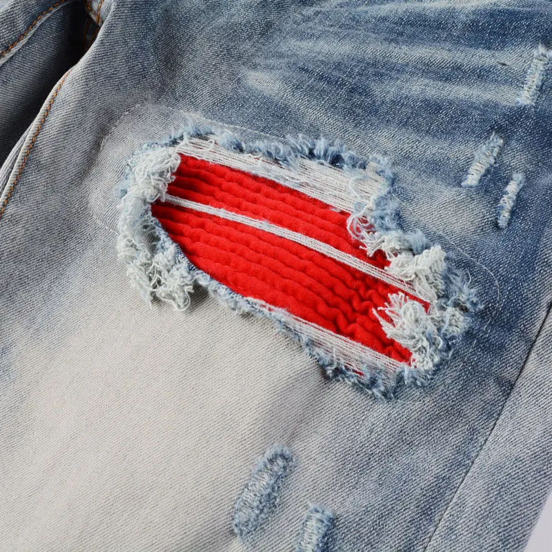 High Street Fashion Men Jeans Retro Blue Stretch Skinny Fit Hole Ripped Jeans Men Patched Designer Elastic Hip Hop Brand Pants