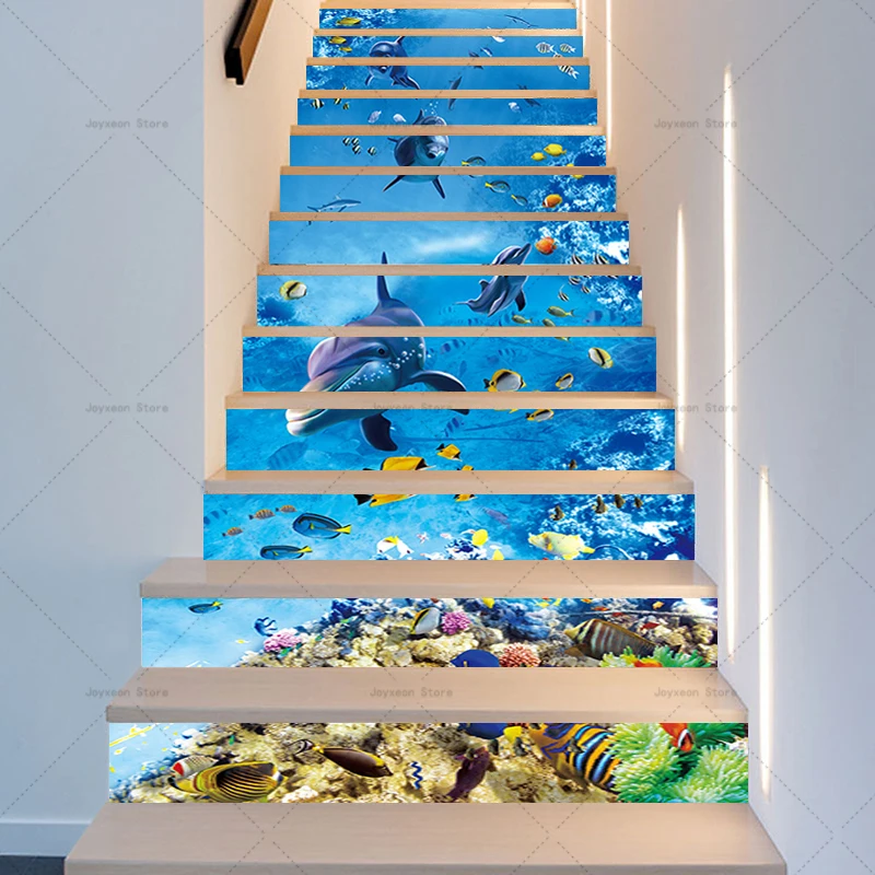 6/13PCS Stair Stickers DIY Old House Renovation Landscape Waterfall Stickers Various Styles Removable Self-Adhesive Murals