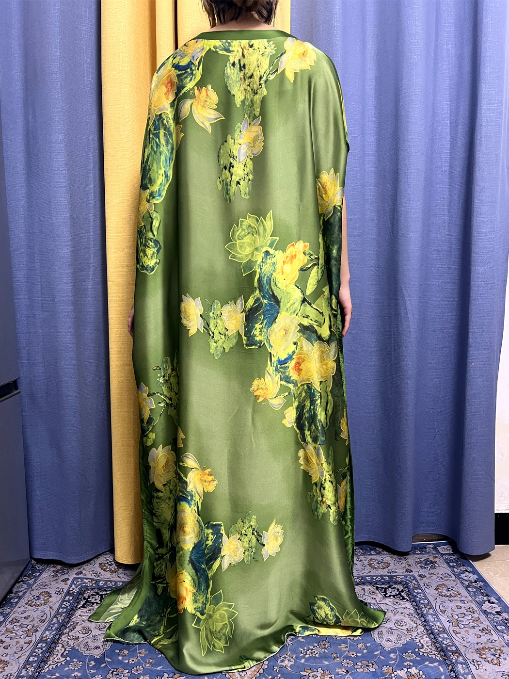 Abayas For Women 2023 Muslim Fashion Printed Floral Green Silk Loose Femme Robe African Nigeria Soft Summer Dresses With Turban