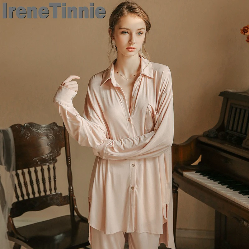 

IRENE TINNIE Spring Pajamas Sweet Turn-down Collar Shirt Cardigan Loose Nightwear Simple Leisure Style Long-sleeved Loungewear