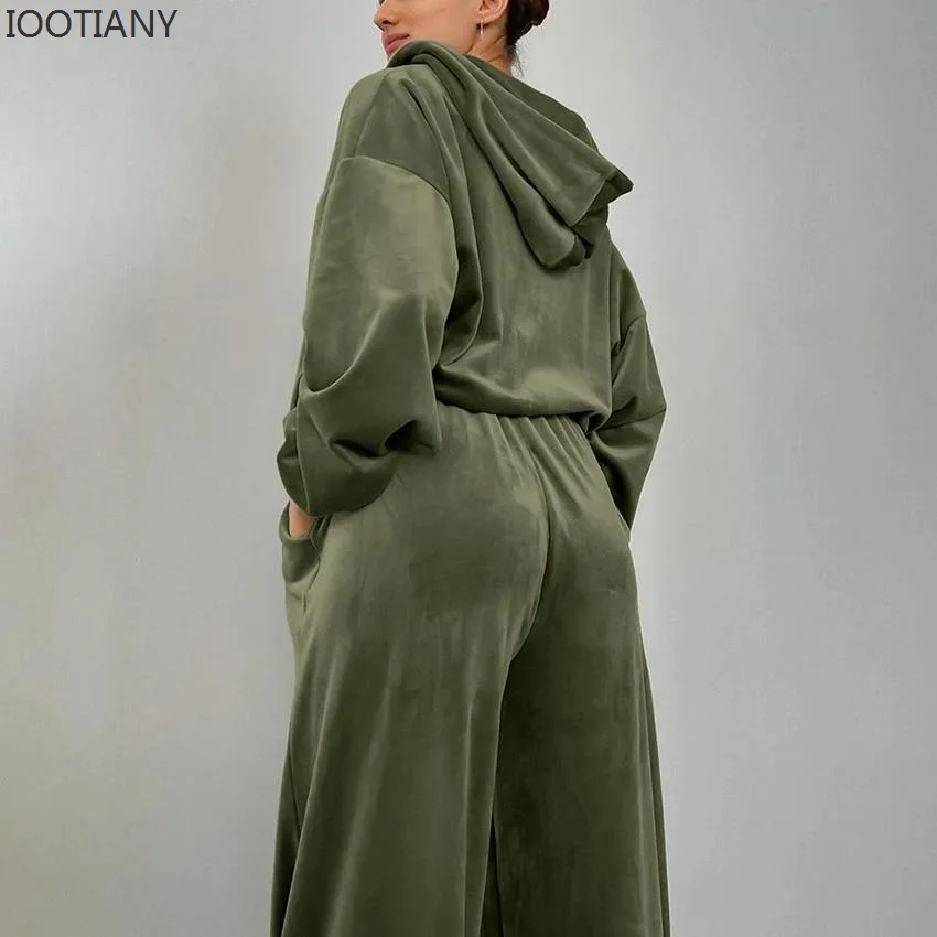 2023 Autumn/Winter Velvet Women's Set Hooded Long Sleeve With Zipper Coat High Waist Drawstring Lace-up Wide-leg Pants