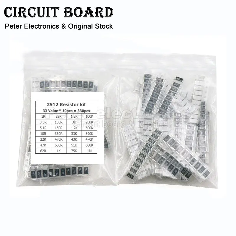 

33valuesX 10pcs=330pcs 2512 SMD Resistor Kit Assorted Kit 1R-1M Ohm 5% DIY Kit 1R0 3R3 5R1 100 220 470 620 820 101 151 331 471