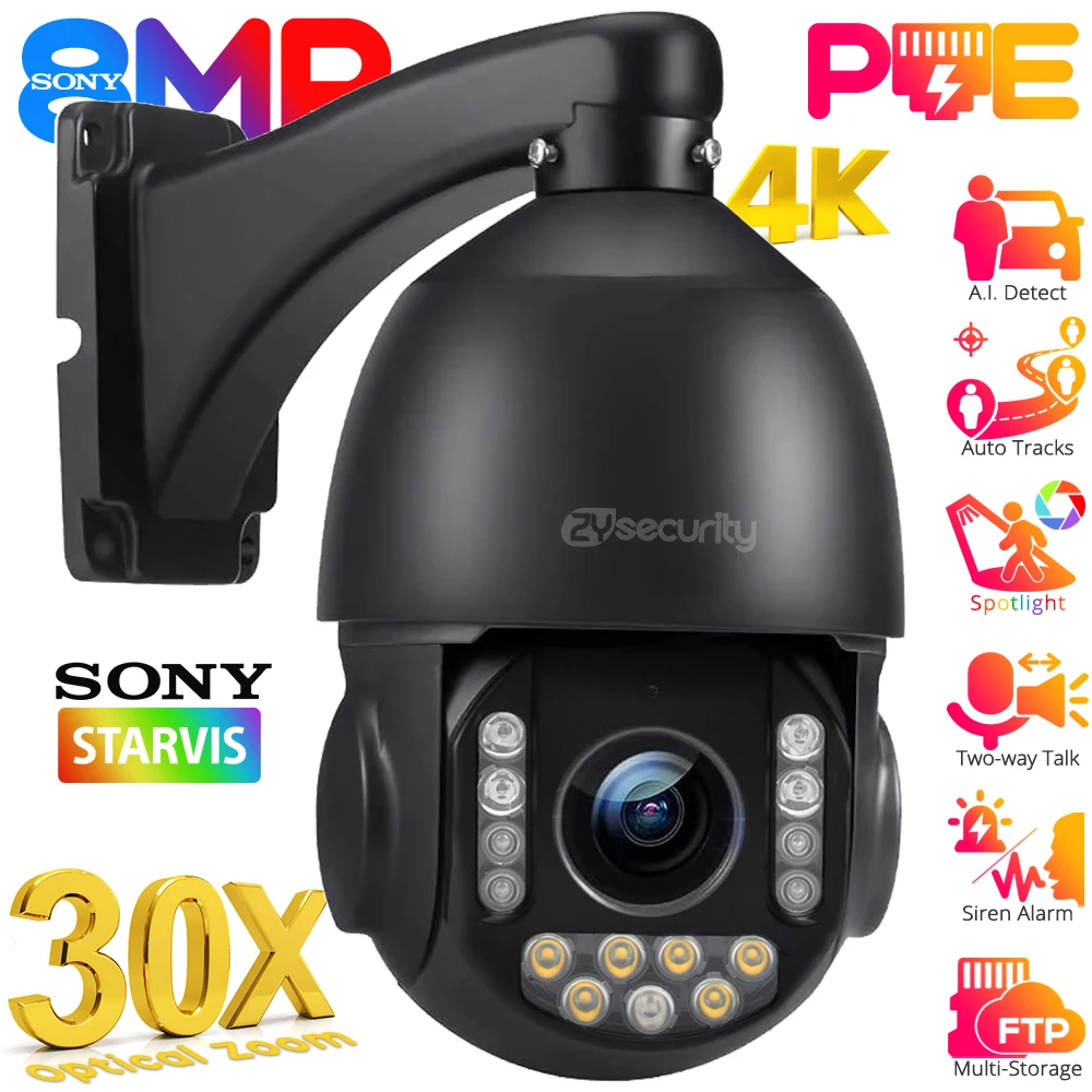 

4K 8MP 30X Optical Zoom 360° IP PTZ PoE Camera Outdoor Auto Tracks Auto Zoom AI Detect Alarm Onvif Speed Dome Security Cameras