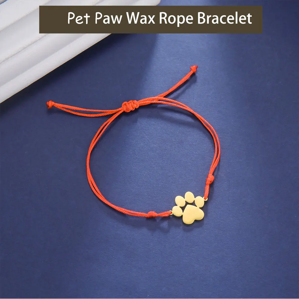 Stainless Steel Cute Animal Dog Cat Paw Charm Bracelets for Women Men Wax Rope Adjustable - PeticaDeals