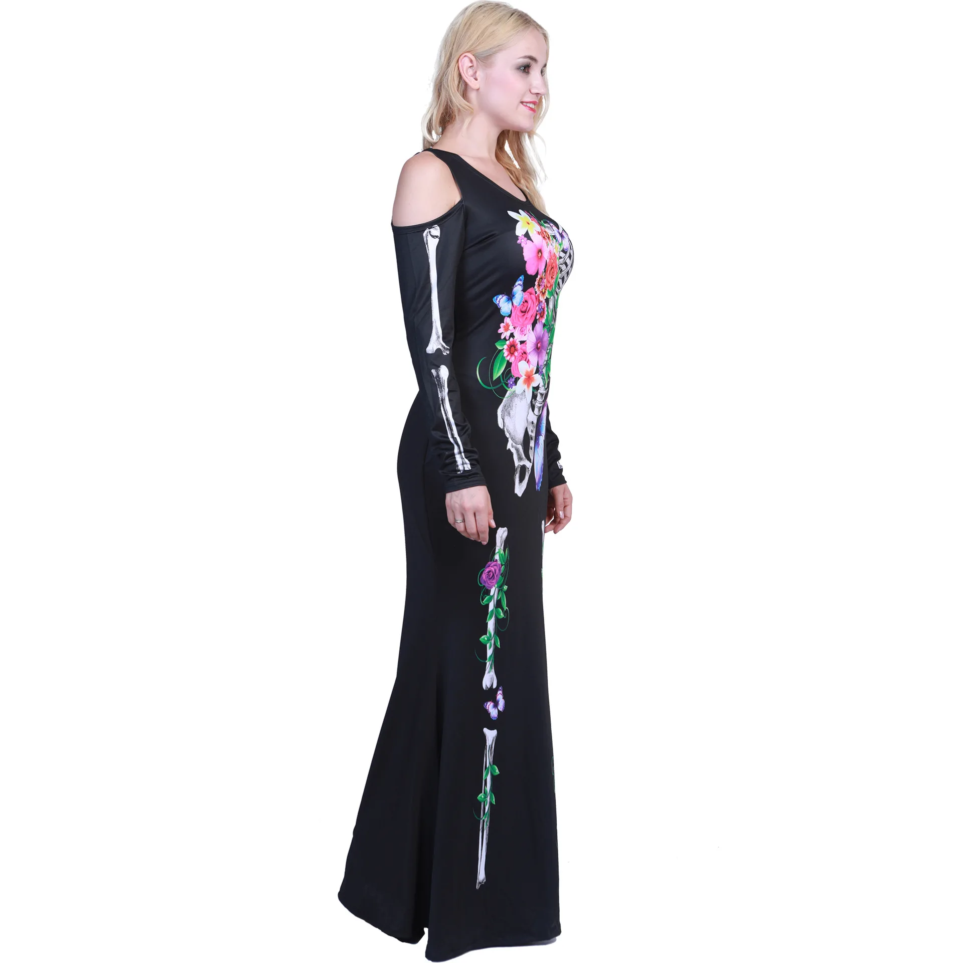 

Woman Flower Printing Skeleton Cosplay Female Halloween Day Of The Dead Costumes Carnival Purim Nightclub Role Play Party Dress