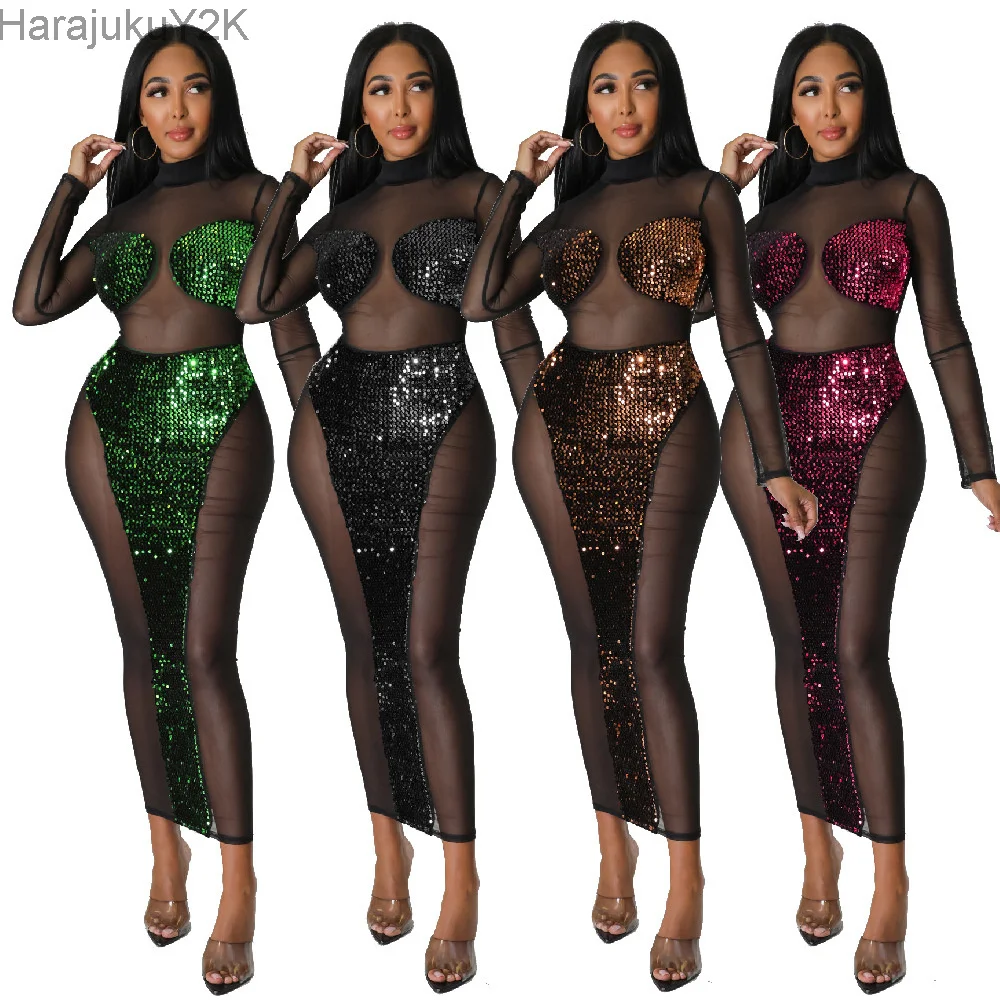 

Women Turtleneck Sequins Mesh Patchwork Dress Sexy See Through Long Sleeve Bodycon Dresses 2023 Female Evening Prom Dress