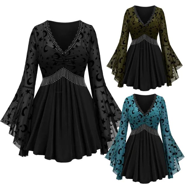 ROSEGAL Plus Size Women V-Neck Tops Moon Star Printed Mesh Panel Bell Sleeves Ruched Chain Tassel Patchwork T-shirt Multi Colors