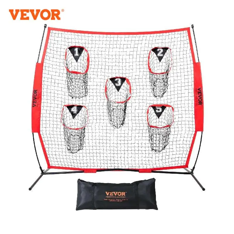 VEVOR Football Trainer Throwing Net Target Practice Net with 5 Target Pockets Knotless Net Bow Frame and Portable Carry Case Red