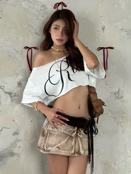 Weird Puss Letter Print Crop Tops Women Summer Trend Wild Biased Collar Street Skinny Simple Classic Streetwear Daily Soft Tees 1