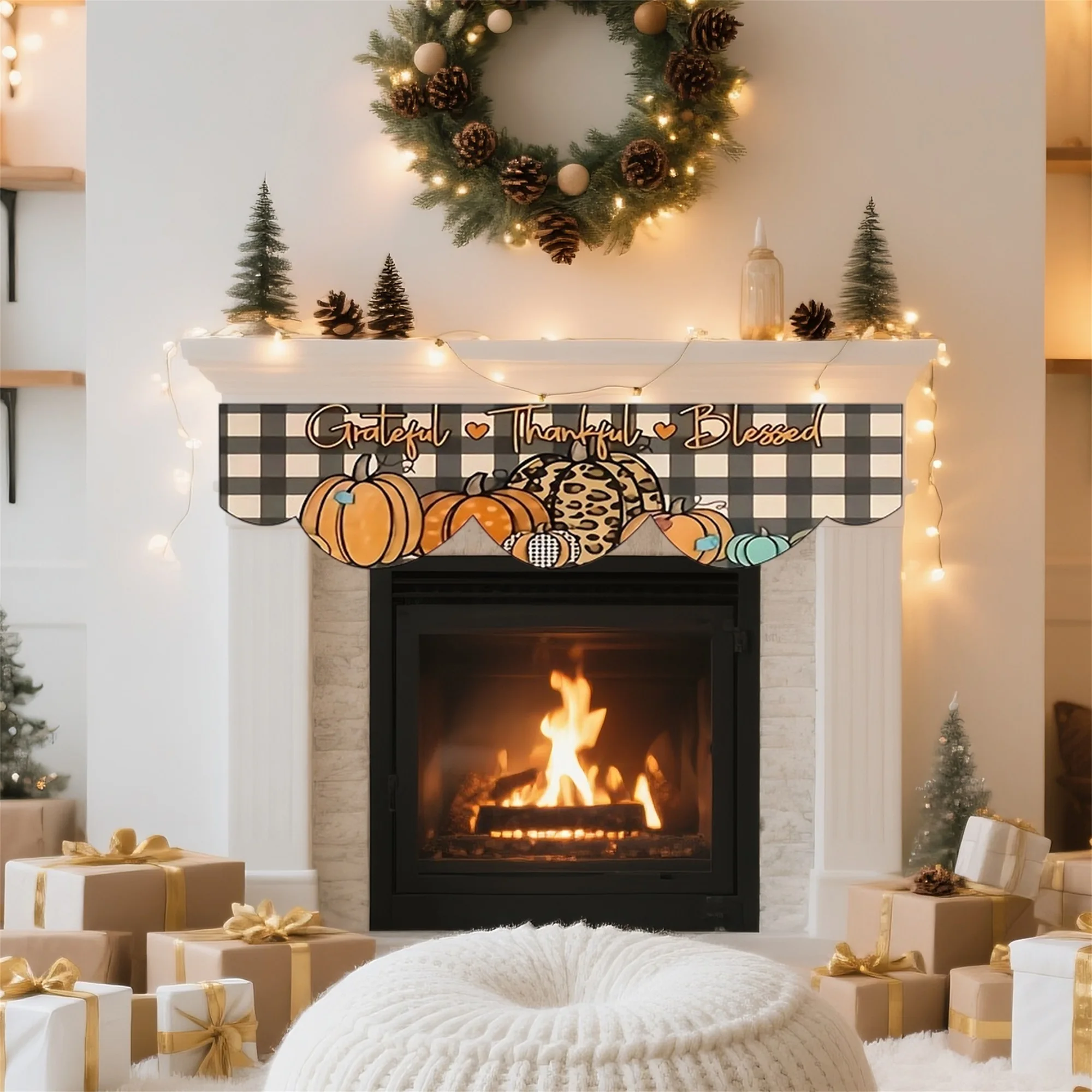 Thanksgiving Harvest Mantel Scarf Give Thanks Gratitude Blessed Pumpkin Plaid Mantel Runner for Fireplace Table Home Decor and