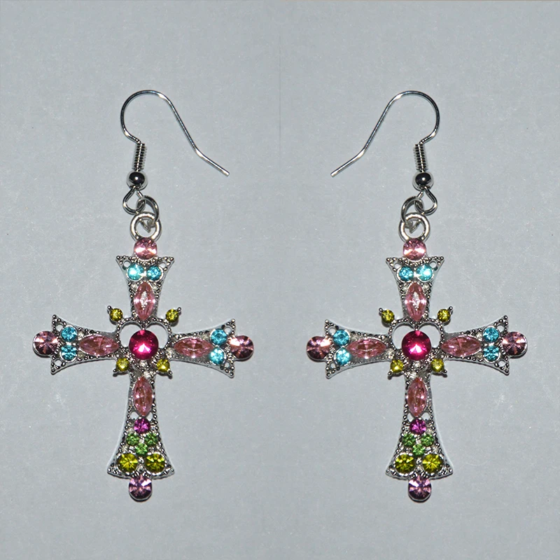 Gothic Pink Heart Cross Earrings Y2K Kpop Purple Zircon Cross Drop