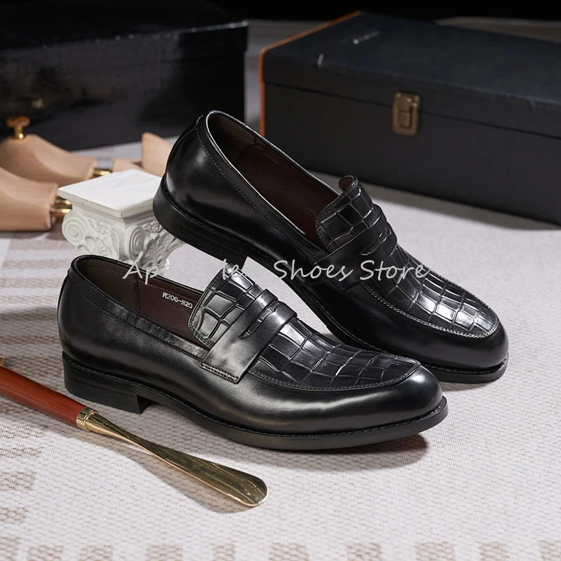 Fashion Checkered Slip On Loafers for Men Casual Cowhide Handmade Office Leather Shoes Versatile Male Wedding Shoes Daily