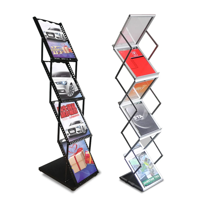 A4 Aluminum Foldable Display Stand Vintage Magazine Rack Floor Standing Literature Exhibition Organizer Office Furniture FYMR