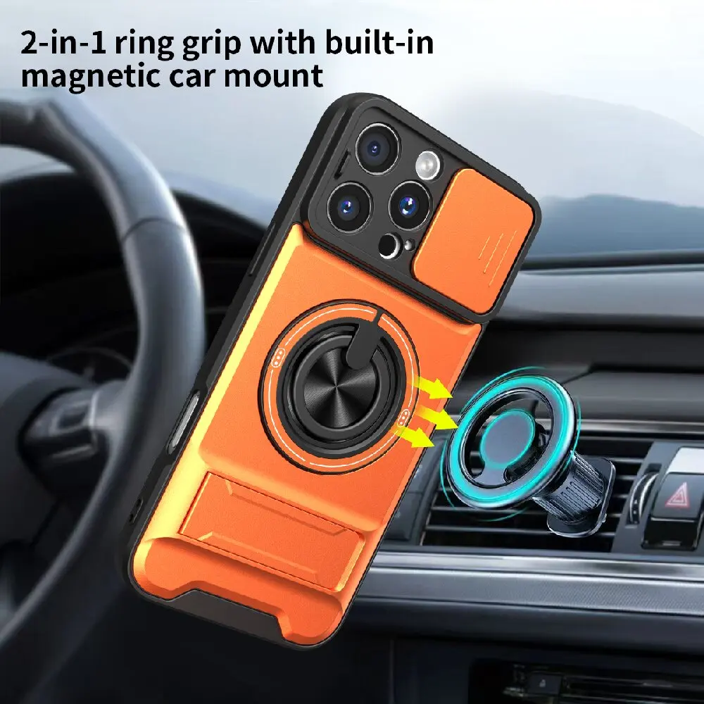 Armor Rugged Shockproof Magnetic Phone Case with Rotatable Ring Stand Cover and Camera Lens Protection