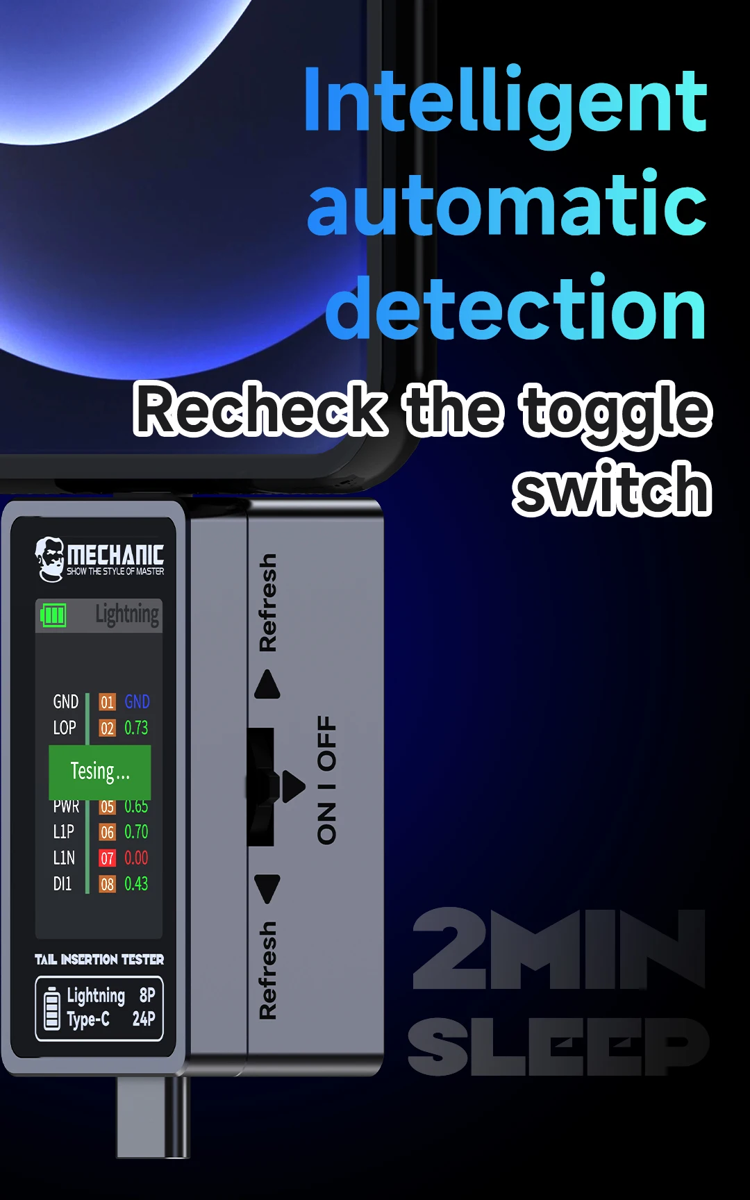 MECHANIC-T824 Mobile Phone Cauda Inserção Detector, HD TFT Display Digital, Detecção Inteligente Automática, Cada Poder Atual Pin